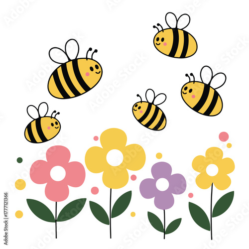 Illustration of several bees and flowers against a white background The flowers are pink yellow and purple