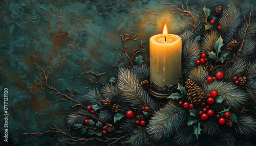 Christmas Candle with Holly and Pine Warm Festive Nostalgic Holiday Spirit Design 
