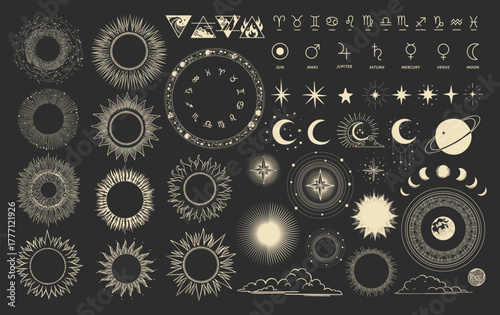 A collection of celestial symbols with the sun, moon, stars, zodiac wheel, and constellations on a dark background. Vintage vector illustration on astronomy and astrology. Concept of cosmic and