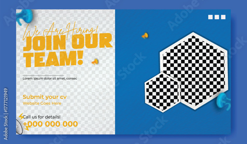 Join our team recruitment advertisement with isometric office illustration and hiring information.
Confident businessman in suit invites you to join our team with benefits listed.