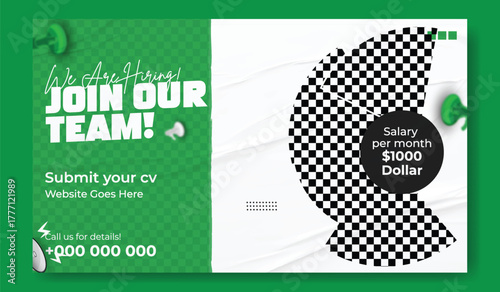Join our team recruitment advertisement with isometric office illustration and hiring information.
Confident businessman in suit invites you to join our team with benefits listed.