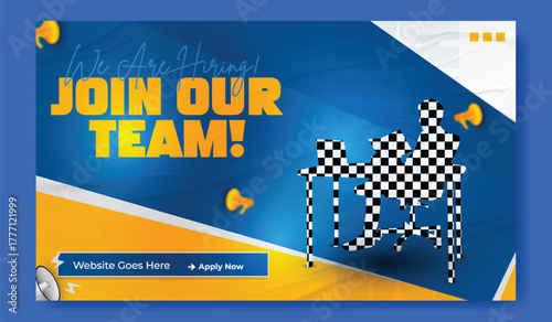 Join our team recruitment advertisement with isometric office illustration and hiring information.
Confident businessman in suit invites you to join our team with benefits listed.