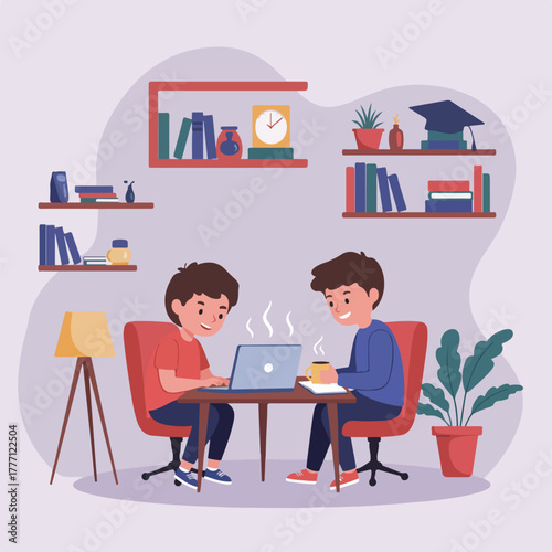 Two cartoon people sit at a table One uses a laptop the other holds a mug Bookshelves are above