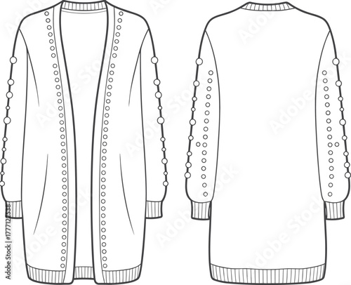 Long cardigan with decorative buttons, open front design, ribbed cuffs and hem, cozy knitwear, casual fashion, winter style, CAD drawing, flat vector illustration