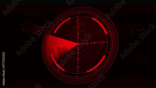 Red Radar Scope Overlaying World Map with City Lights targeting earth. Interactive red radar overlay on world map emphasizing city lights and global targeting systems.