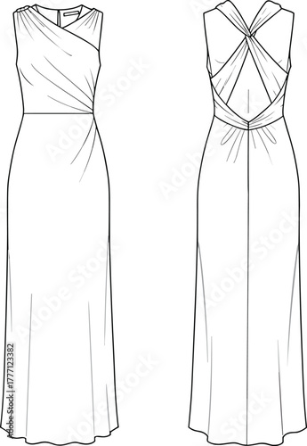 Long draped evening gown flat sketch, front and back view, sleeveless design, twisted back detail, fashion cad drawing, vector illustration