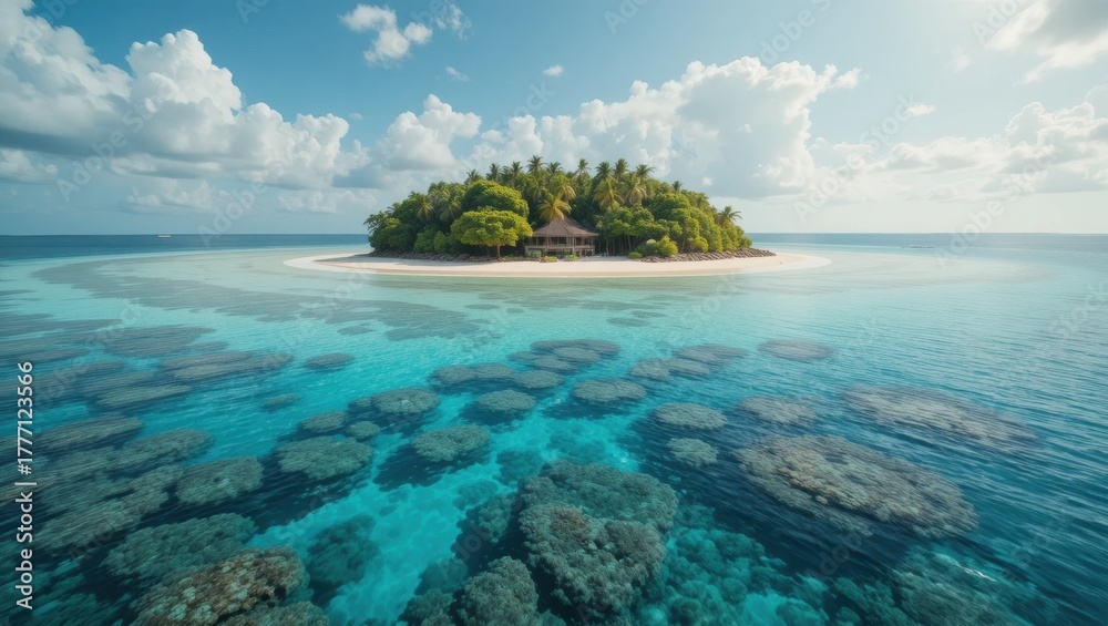 Fototapeta premium Aerial View of a Tropical Island Surrounded by Crystal Clear Waters and Vibrant Coral Reef