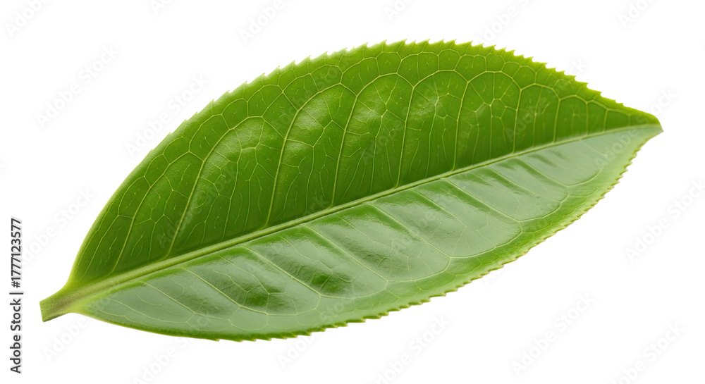 Fototapeta premium Single Green Tea Leaf Isolated on White Background 18.