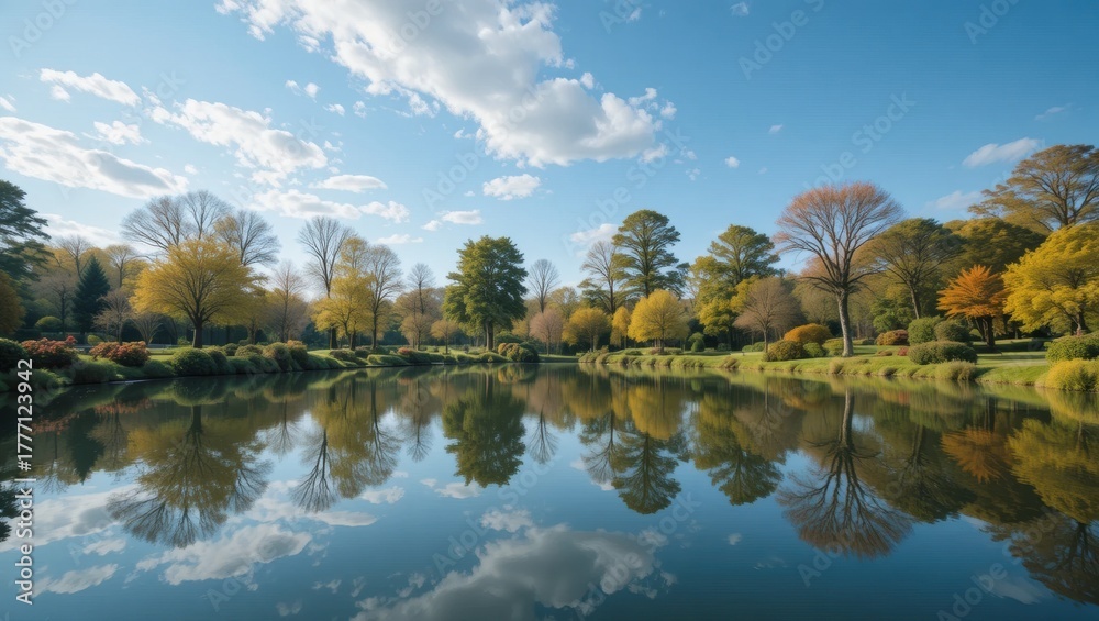 Fototapeta premium Serene Autumn Landscape with Colorful Trees and Clear Reflections in a Tranquil Lake