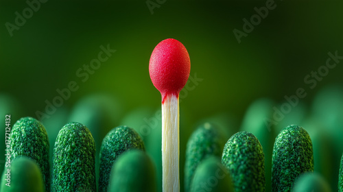 Single Red Match Ignited Among Green Matches Symbolizing Leadership and Opportunity 