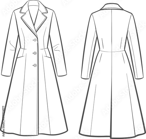 Long elegant overcoat technical drawing, fashion flat vector sketch, black and white coat design, minimalist style, front and back view