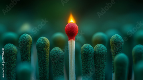 Red Match Burning Among Green Matches Symbolizing Leadership Vision and Confidence 
