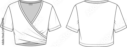 Cad drawing flat vector illustration of women wrap front crop top short sleeve v neck fashion technical flat design template
