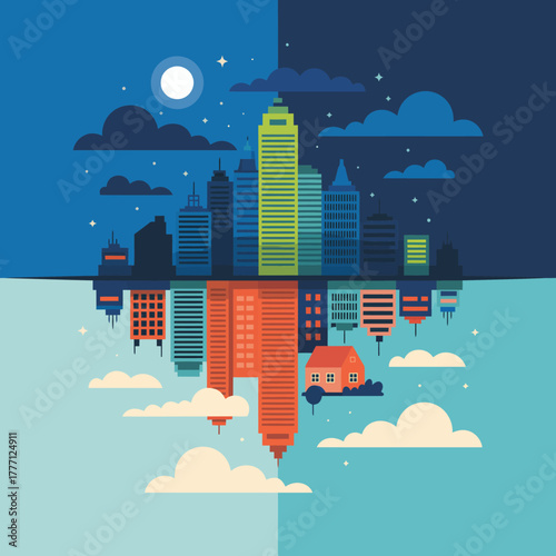 A visually striking cityscape divided into distinct night and day sections, juxtaposing urban atmosphere with vibrant colors and whimsical elements for a creative representation.