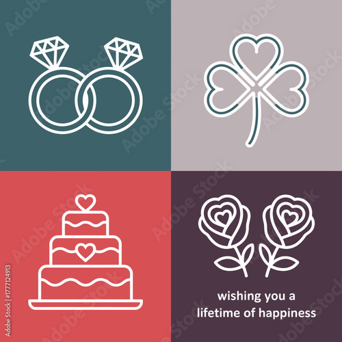 A delightful assortment of wedding symbols encapsulates the essence of love and union, featuring rings, cake, and flowers in an elegant design focused on celebration.