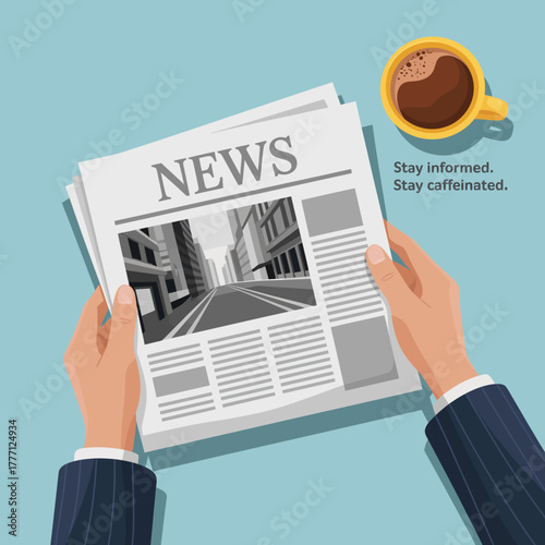 A polished image of a person holding a newspaper with a fresh coffee, encouraging readers to stay informed about current events while enjoying their beverage.