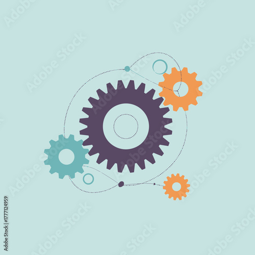 The gears interlocking with abstract digital objects signify the synergy between technology mechanics and the gaming industry, showcasing how gears drive innovation and process.