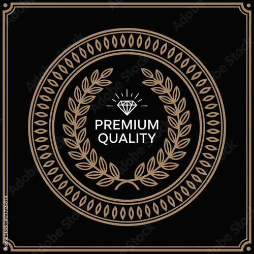 This image showcases an elegant premium quality badge, featuring a laurel wreath design with a sparkling diamond symbolizing excellence and luxury in a refined black background.