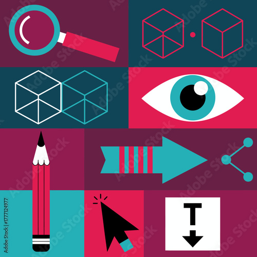 This vibrant abstract image showcases various design icons that represent creativity, such as pencils, cubes, and visual symbols, promoting innovation and inspiration.