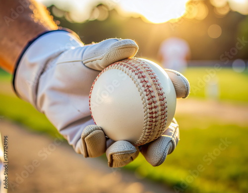 Close-up of Spinner's Hand Holding a White Cricket Ball at Sunset