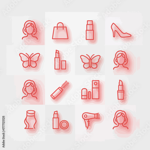 A visually appealing collection of beauty and makeup icons featuring various essentials like lipsticks, bags, and styling tools, showcasing the theme of personal grooming.