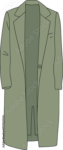 Long green overcoat, single button coat design, classic collar lapel, full sleeve winter outerwear, stylish fashion garment illustration