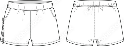Cad drawing flat vector illustration of women’s pleated elastic waist shorts with side pockets fashion technical flat sketch template