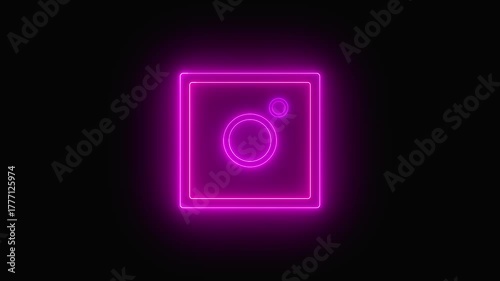 Digital illustration of glowing pink Instagram logo in square outline emphasizing social media presence. Neon pink square outline of the Instagram logo glowing on a black background social media.