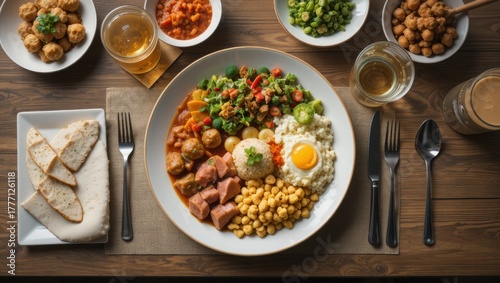 Colorful And Diverse Dinner Plate Arrangement With Various Dishes And Fresh Ingredients On Table
