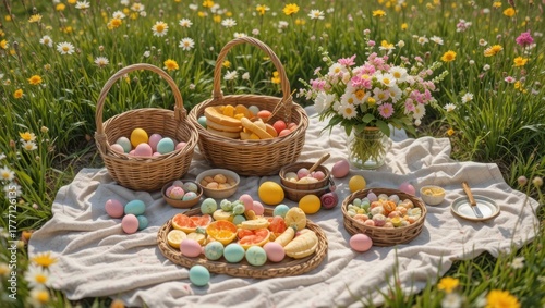 Colorful Picnic Setup with Baskets and Treats Surrounded by Vibrant Flowers in Spring Meadow