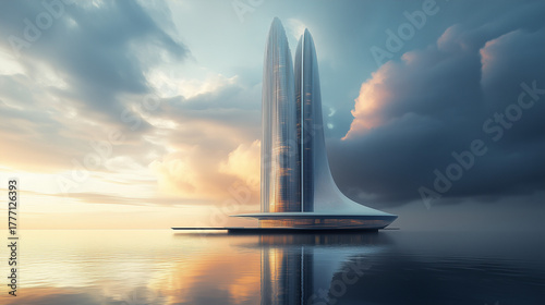 Modern Futuristic Tower Reflecting on Calm Water with Sleek Innovative Architecture 