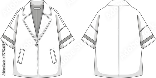 Cad drawing flat vector illustration of women’s short sleeve oversized blazer jacket with contrast sleeve band and front pockets
