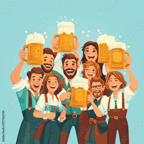 A vibrant flat design vector illustration of a happy and diverse group of friends in traditional Bavarian attire