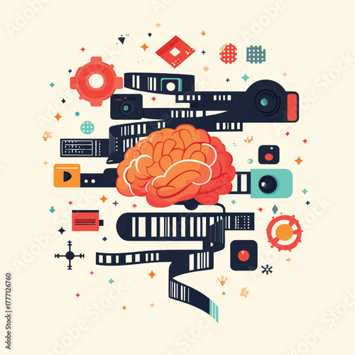 A conceptual flat design illustration depicting a stylized brain with film strips flowing from it, representing creativity, imagination, and the art of storytelling in cinema