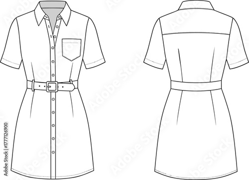 Cad drawing flat vector illustration of women’s short sleeve shirt dress with collar, front buttons, belt, pocket and back view