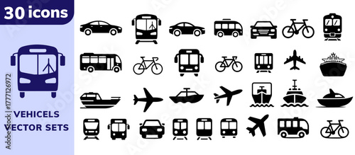Transport vehicle icons set, Set of icons of different transportation vehicles, bus, train, taxi, ship, truck, car, airplane, cycles, symbol, hand-drawn vector,