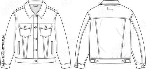 Classic denim jacket technical drawing front and back view, detailed flat sketch fashion design, apparel CAD template, vector illustration outline