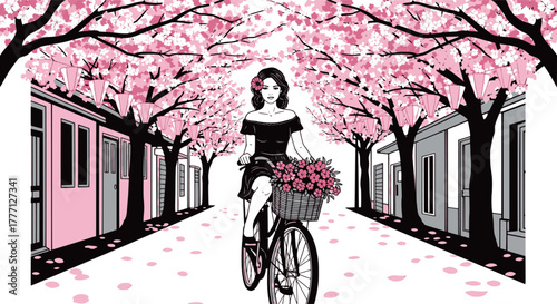 Pop art style vector illustration of a woman on a bicycle under cherry blossom trees. Design for travel agency promos, spring fashion campaigns, or romantic themed websites. EPS version.