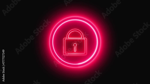 Neon Red Lock Icon with Glowing Circle on Black Background padlock security. High-tech red lock icon with neon circle illustrating security, privacy, and digital protection.