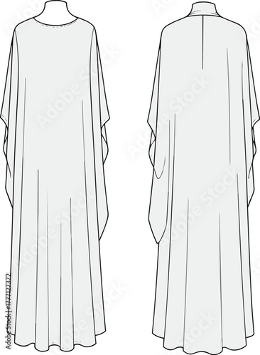 Long kaftan dress flat sketch, front and back view, loose fit, flowing silhouette, technical CAD drawing, fashion design illustration