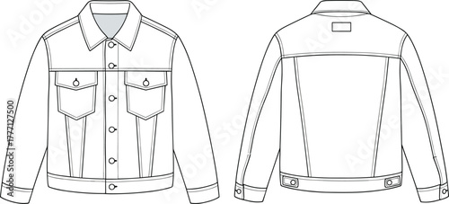 Denim jacket technical fashion flat sketch, front and back view detailed CAD drawing, vector line art clothing illustration template
