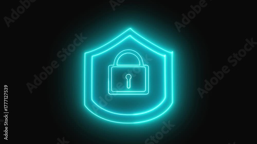 Glowing Cyan Neon Shield and Padlock Icon on Dark Background security protection. Interactive glowing cyan shield and padlock icon for safe systems and data protection visuals.