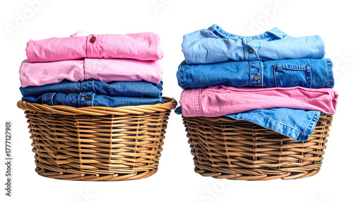Clothes neatly folded in two wicker baskets, stacked high