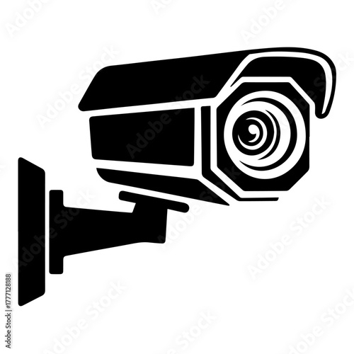 Security camera icon vector: compact digital video surveillance camera with a black lens on a white background, representing modern technology and security equipment
