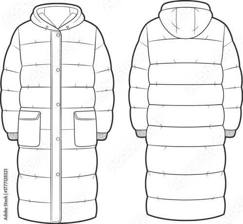 Long padded puffer coat with hood, winter outerwear fashion design, front patch pockets, ribbed cuffs, technical CAD drawing flat vector illustration