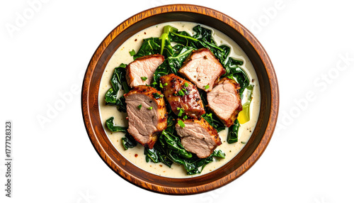 Grilled pork with wilted greens, served in creamy sauce, wood bowl