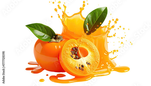 Persimmons, halved, whole, and juice create a vibrant splash