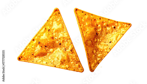 Two golden, crunchy, triangle-shaped chips on a black background