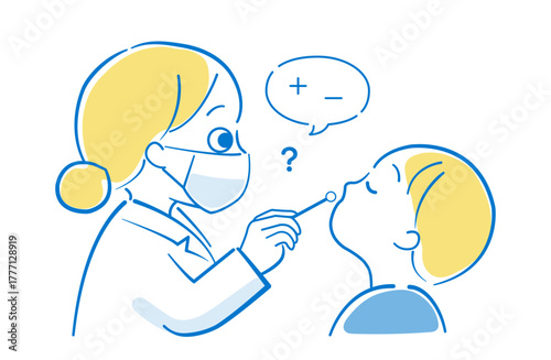 子供にインフルエンザ抗原迅速検査をしている医療従事者のイラスト