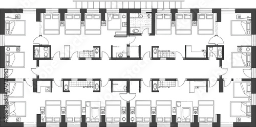 Large apartment building floor plan CAD drawing, vector architectural blueprint with multiple rooms, shared corridors, kitchens, bathrooms, and bedroom layouts